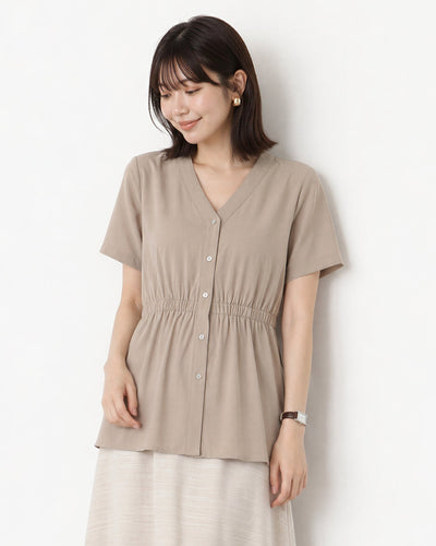 V領收腰短袖襯衫-灰色-3XL