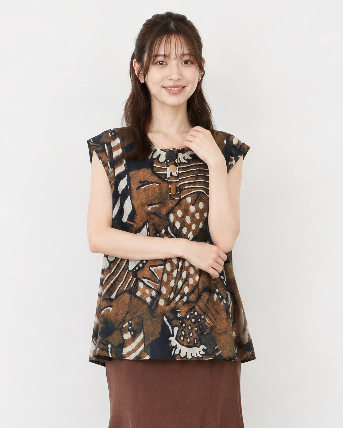 M-2XL 寬鬆A字擺印花無袖襯衫