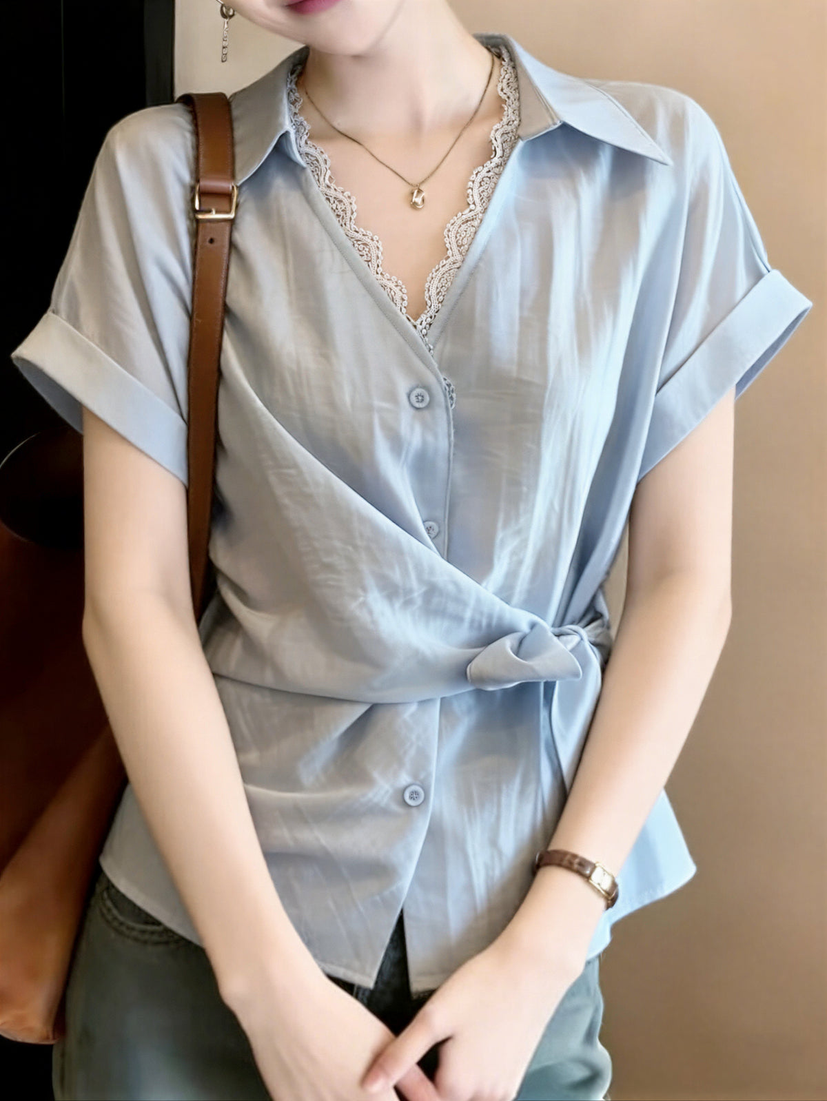 蕾絲V領收腰襯衫-藍色-4XL