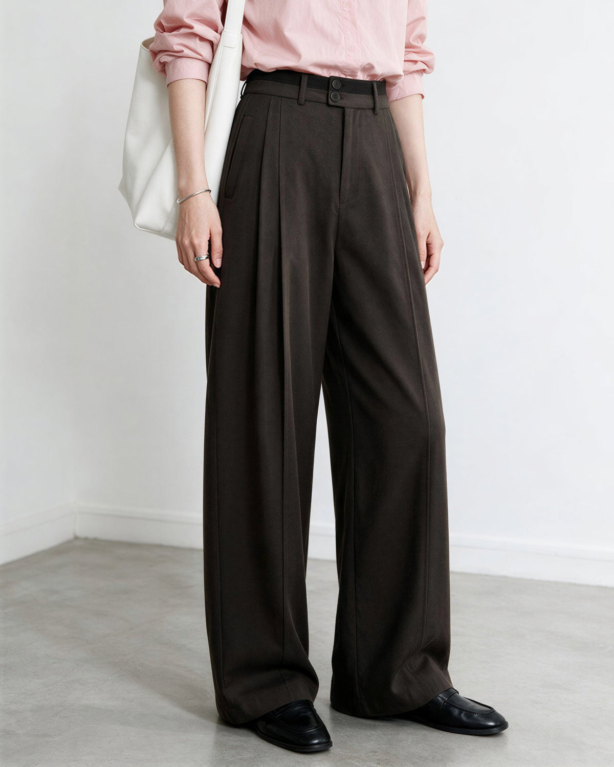 「兩色」「秋季新品 」 M-2XL 高腰修飾胯寬雙扣寬褲