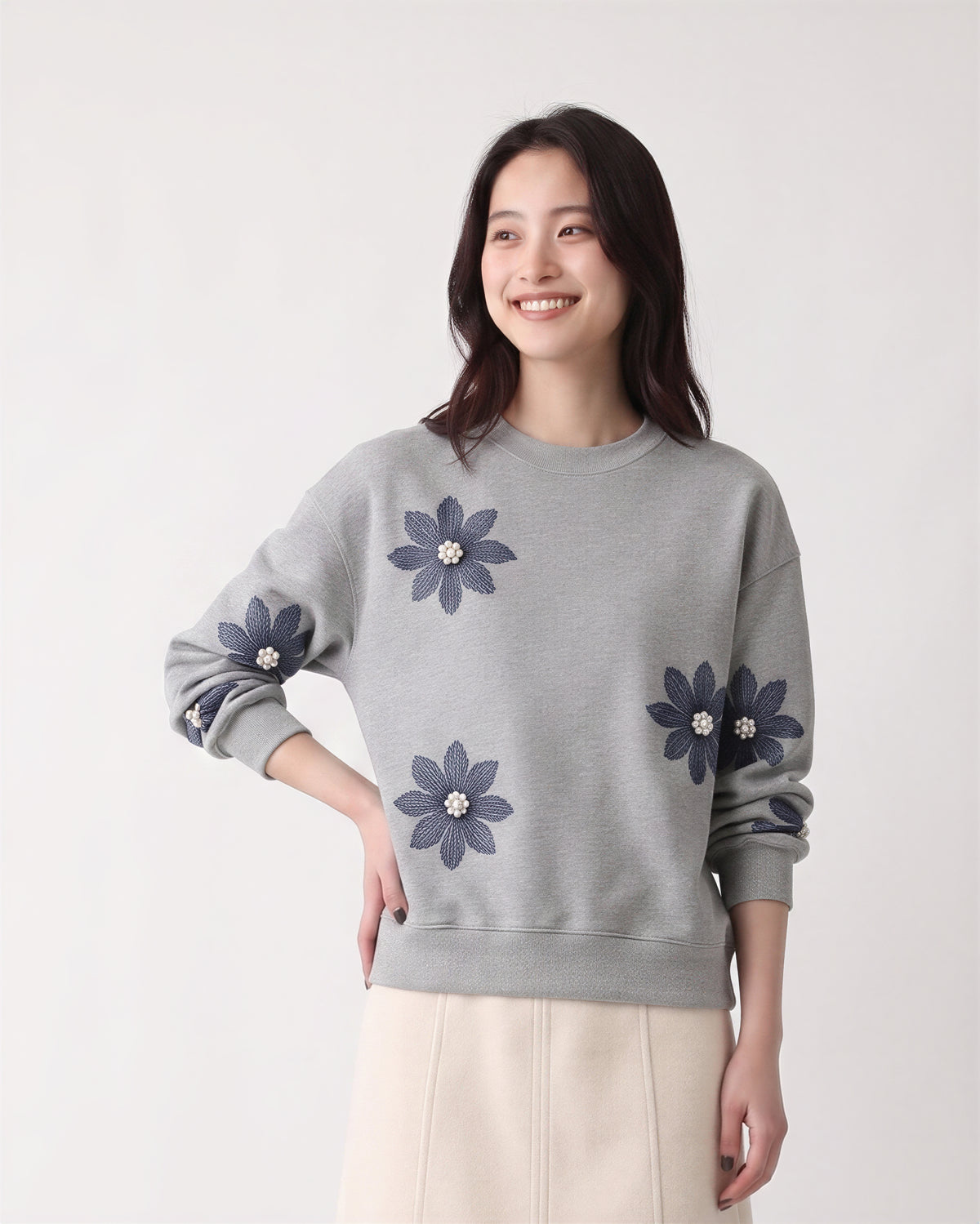 「秋季新品 」S-3XL 立體花朵寬鬆灰色衛衣