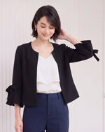 圓領荷葉袖綁帶西裝外套-黑色-2XL