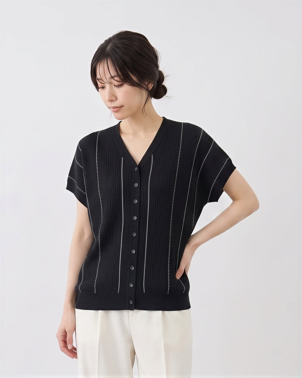 V領直紋寬鬆開襟衫-黑色-XL