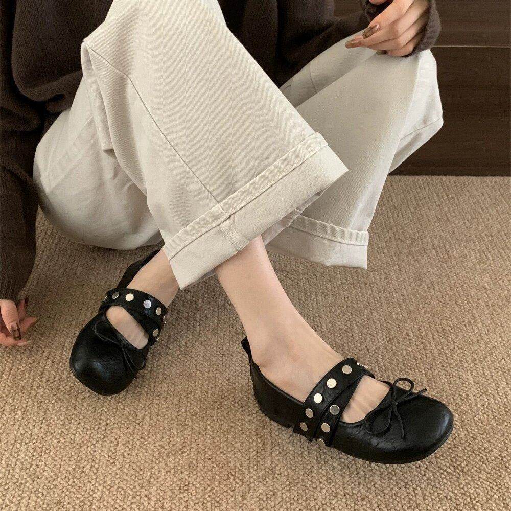 「3色」「秋季新品 」點點拼接鉚釘綁帶瑪莉珍單鞋