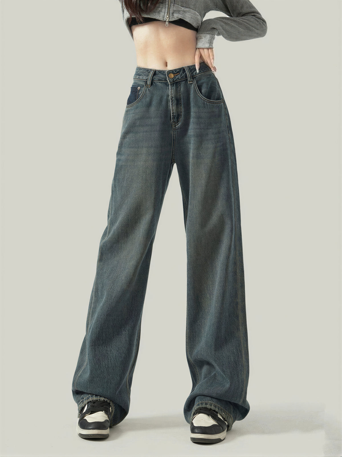 「兩色」「秋季新品 」 XS-2XL 高腰寬褲管刷舊牛仔褲