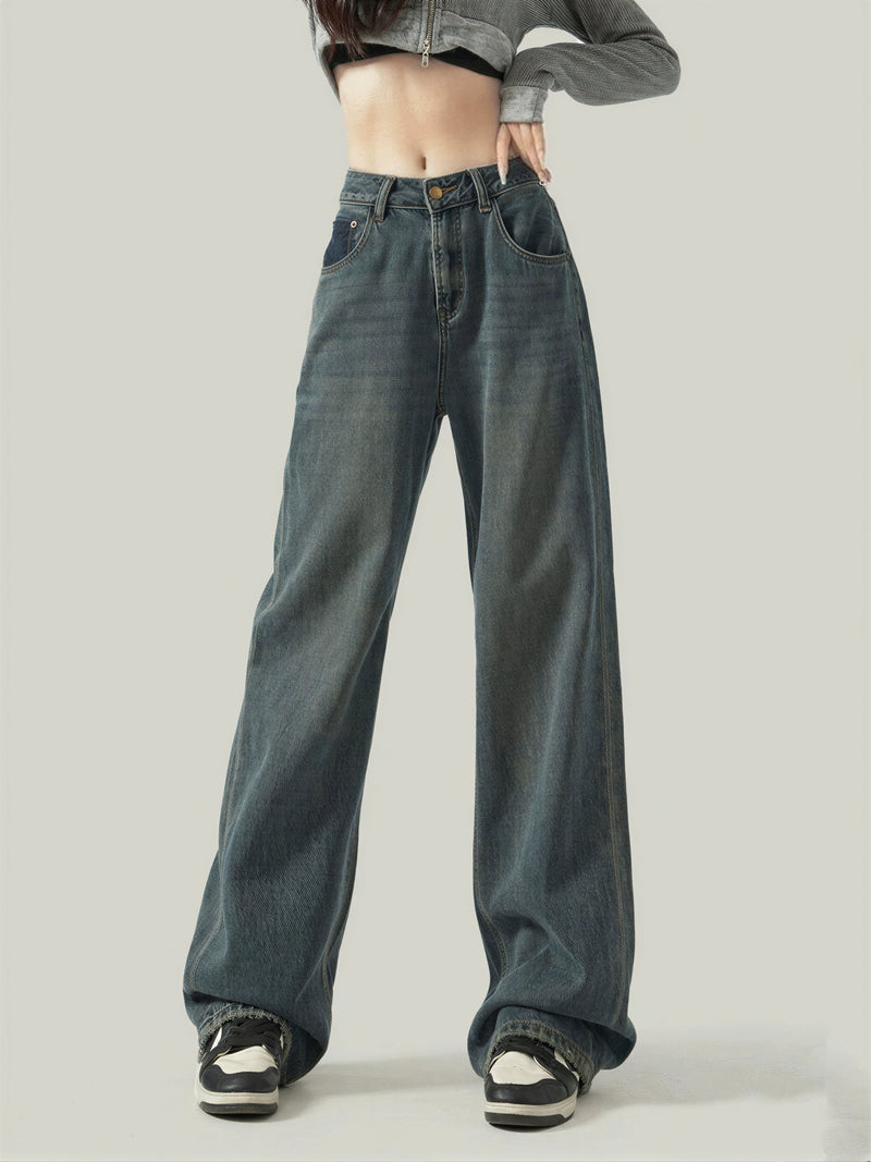 「兩色」「秋季新品 」 XS-2XL 高腰寬褲管刷舊牛仔褲