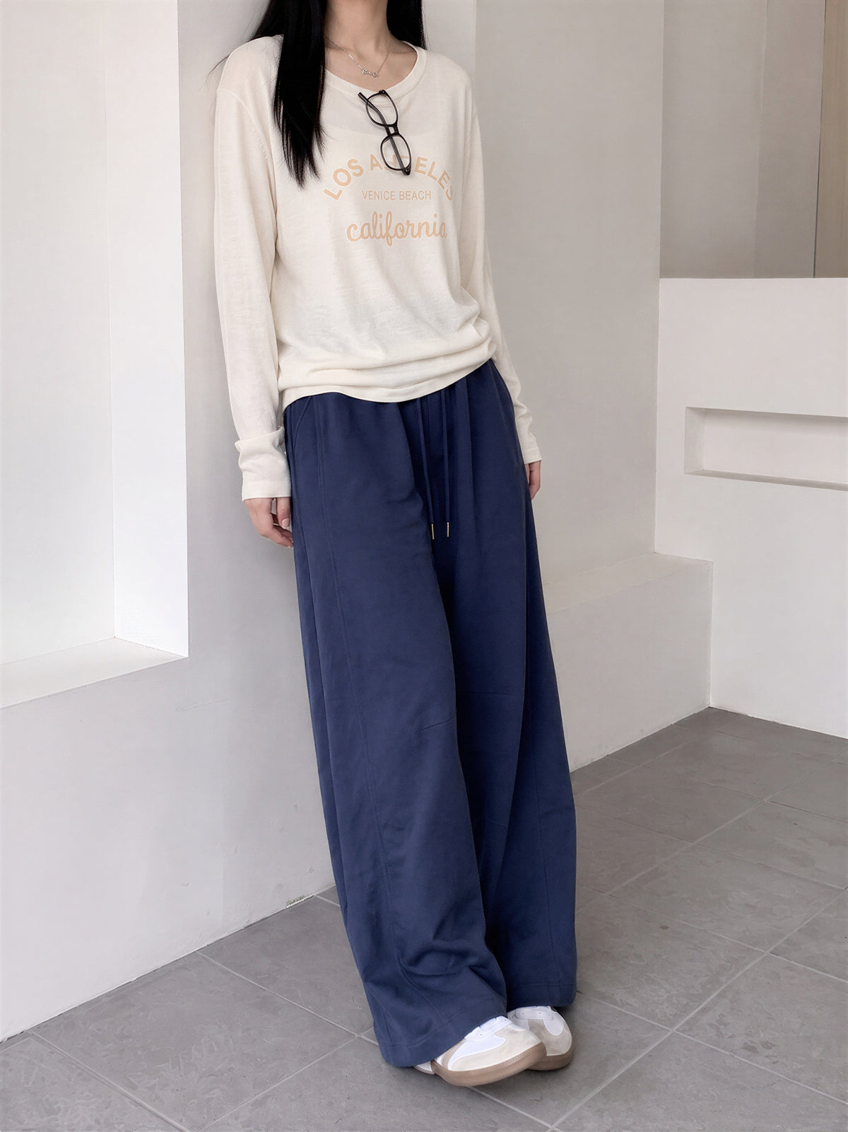 「秋季新品 」「4色」M-XL 高腰抽繩拖地寬褲