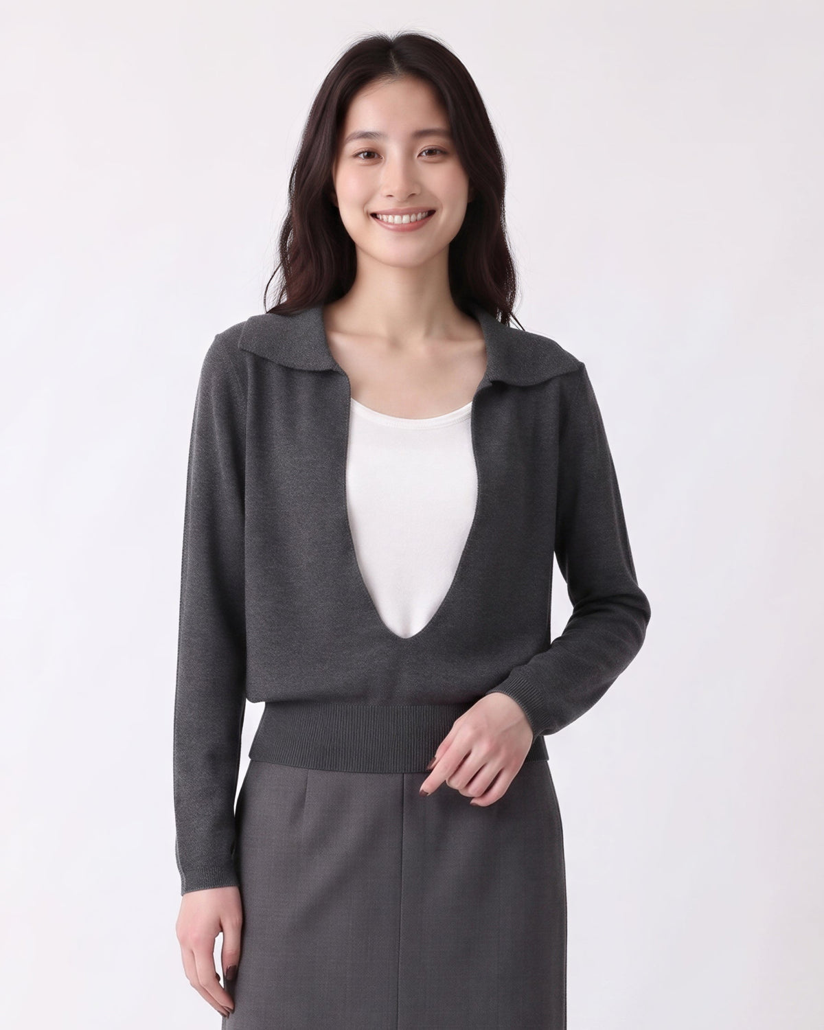 「兩色」S-XL 翻領深V拼接 | 收腰假兩件針織衫