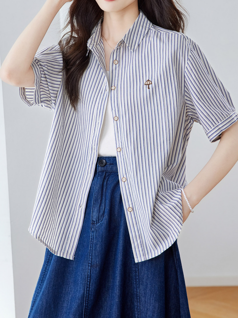 純棉甄選 藍條紋襯衫女五分袖 | 細條紋寬鬆翻領襯衫