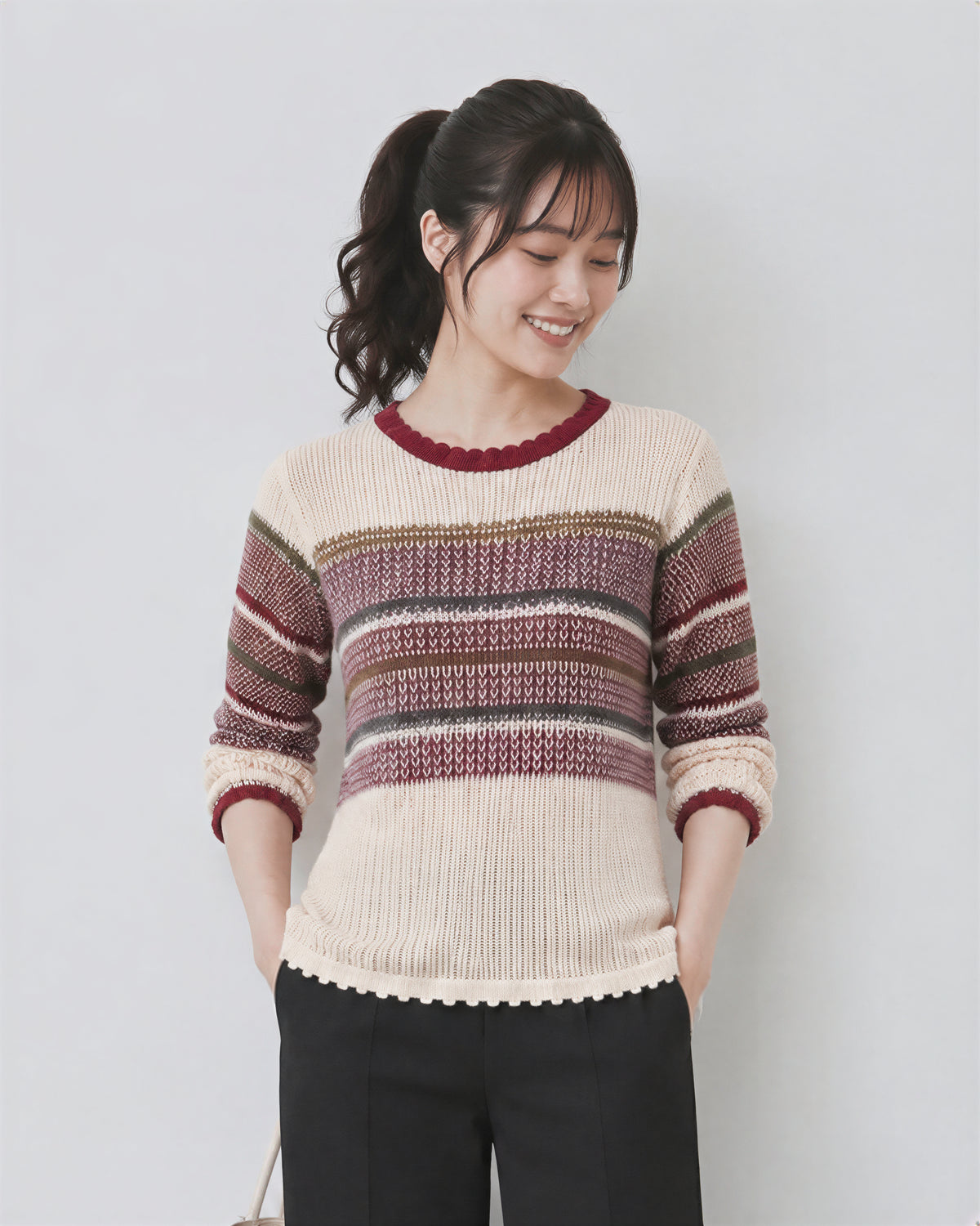 「秋季新品 」條紋拼接 波浪邊 修身針織衫