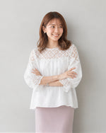 蕾絲拼接泡泡袖襯衫-白色-2XL