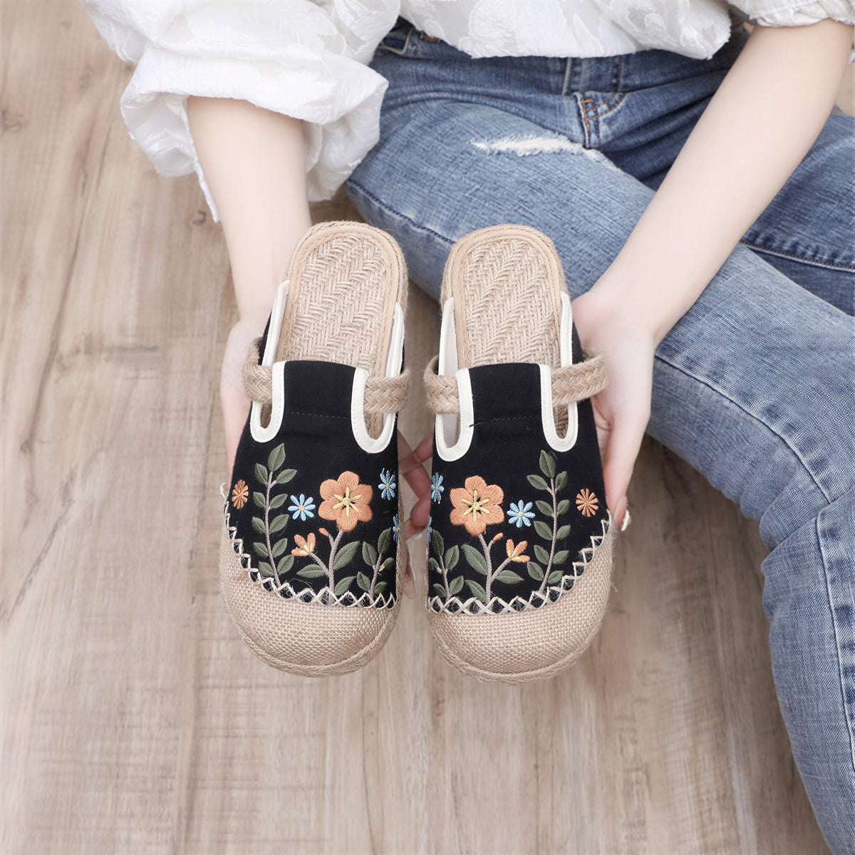 刺繡草編包頭平底 女款包頭拖鞋-黑色-39