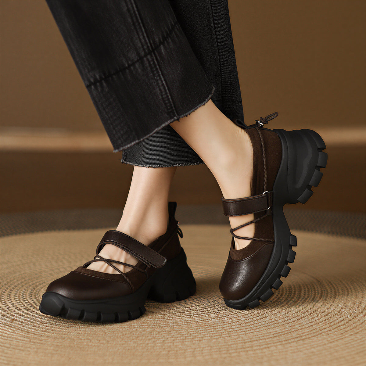 「兩色」「秋季新品 」舒適軟皮厚底7cm 交叉繫帶 瑪莉珍鞋