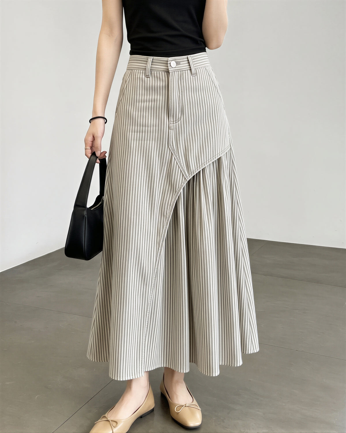 「秋季新品 」「兩色」S-XL  不規則拼接壓褶A字長裙