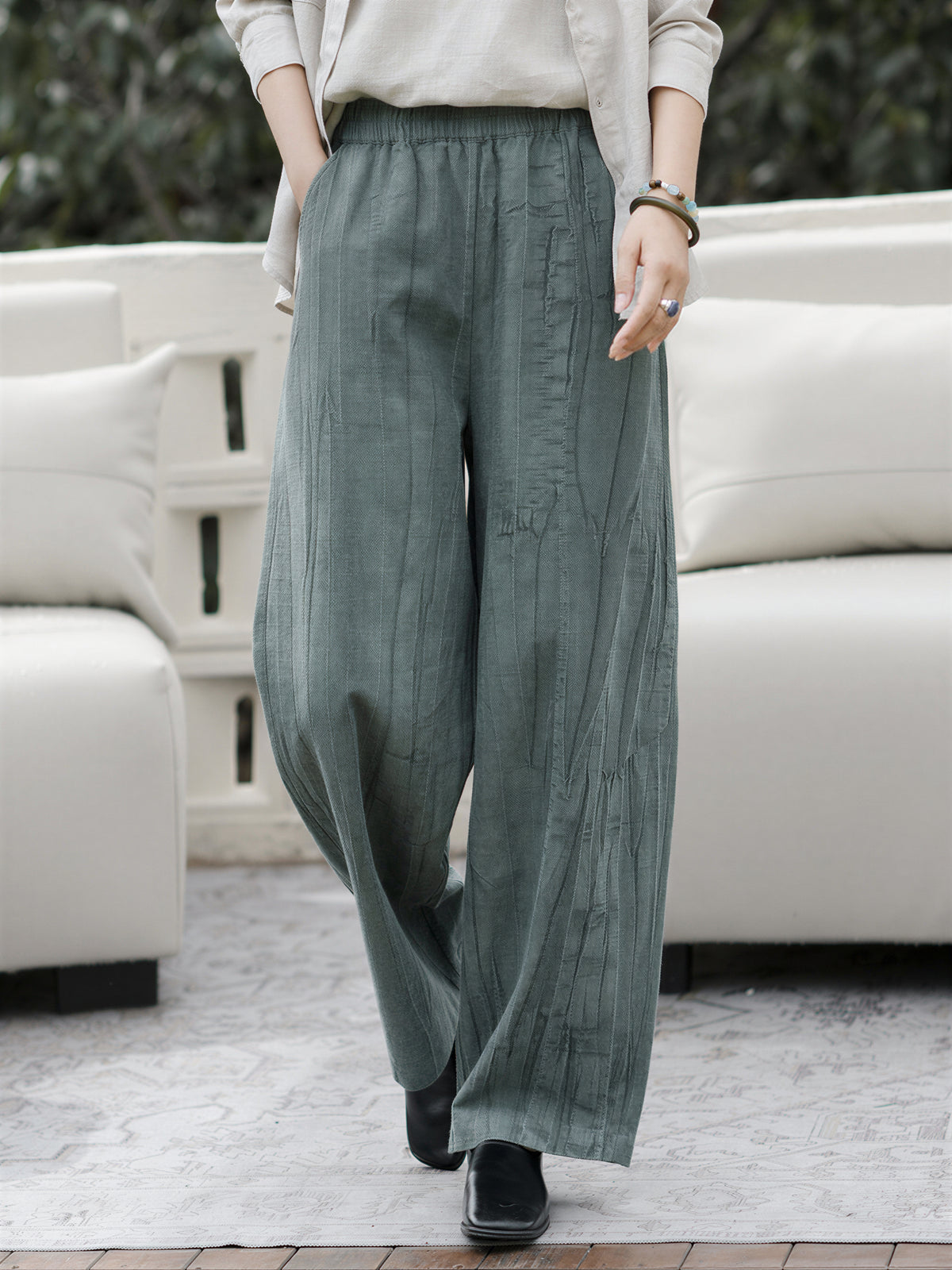 寬鬆垂墜鬆緊腰寬褲-橄欖綠-2XL