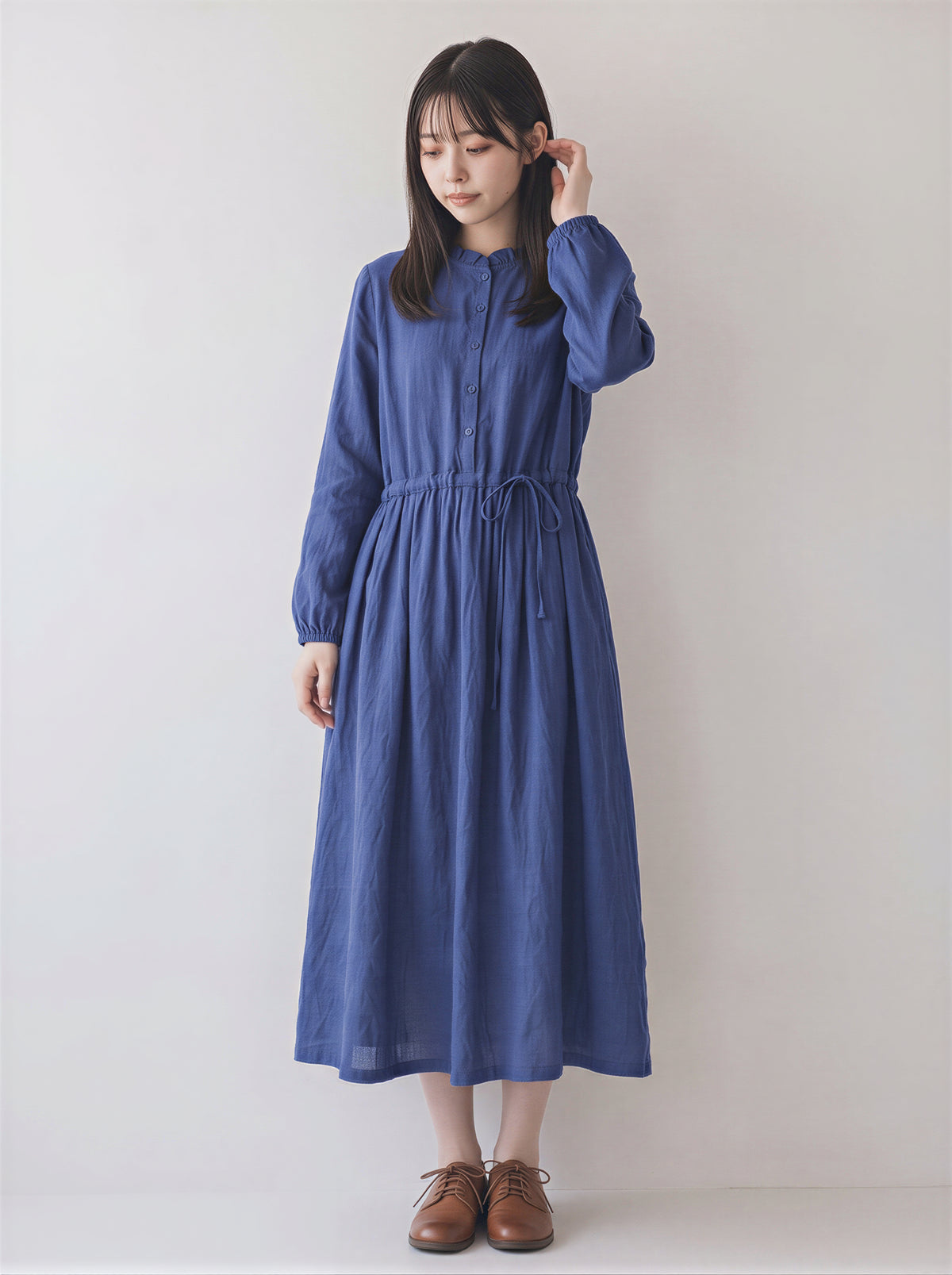 「秋季新品 」M-2XL木耳邊立領收腰棉麻洋裝