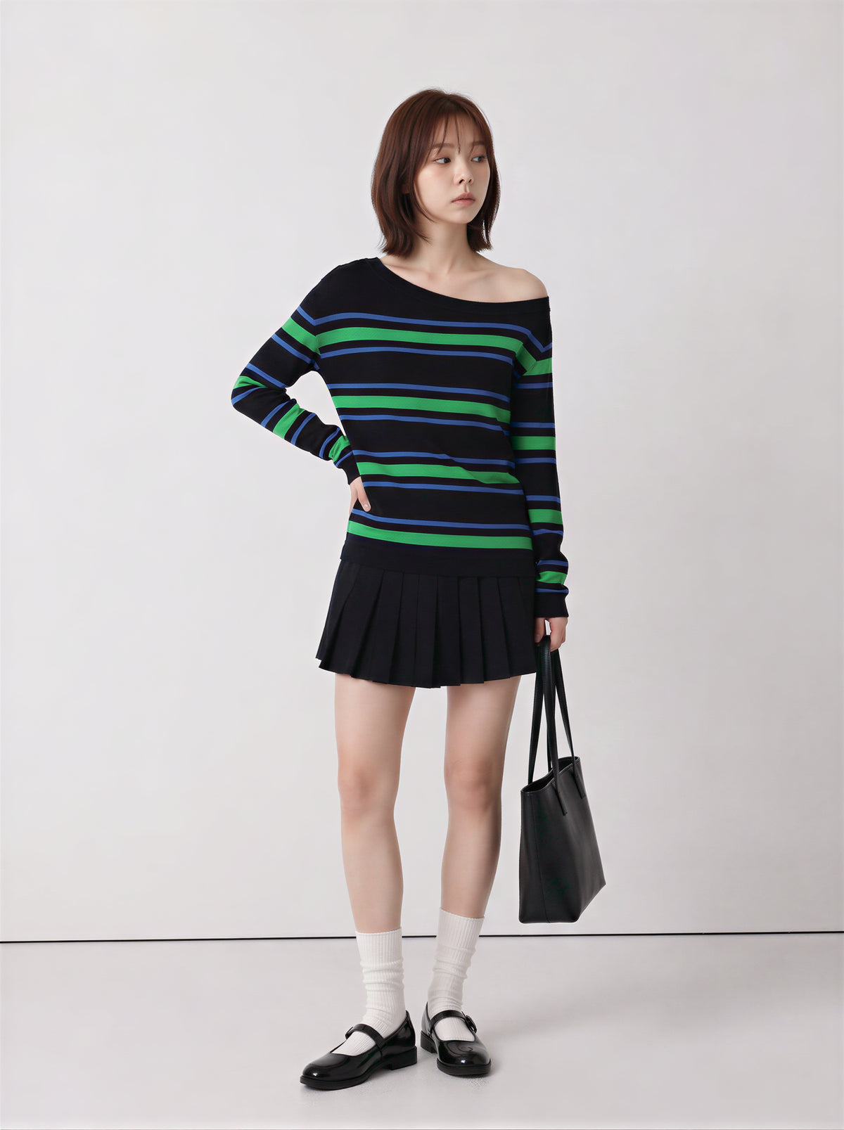 S-XL 露肩條紋修身長袖T恤