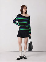 S-XL 露肩條紋修身長袖T恤