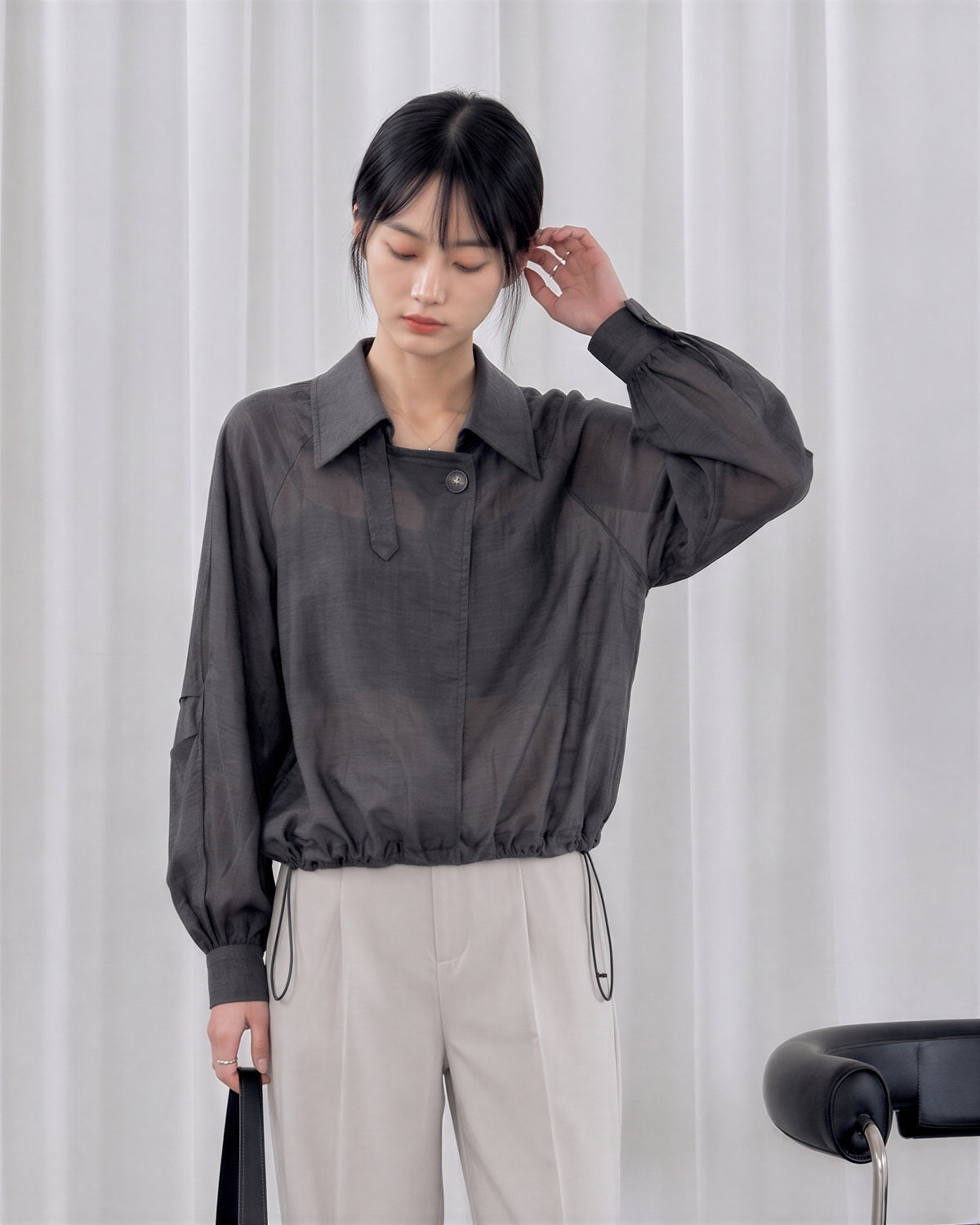 L-3XL 灰色抽繩收腰斜襟襯衫