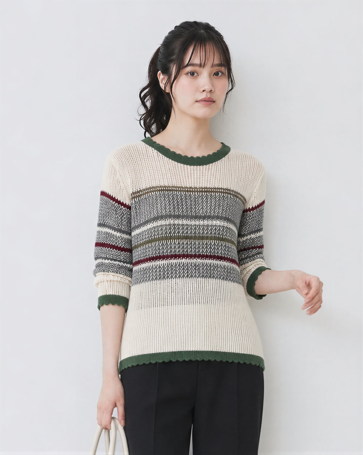 「秋季新品 」條紋拼接 波浪邊 修身針織衫