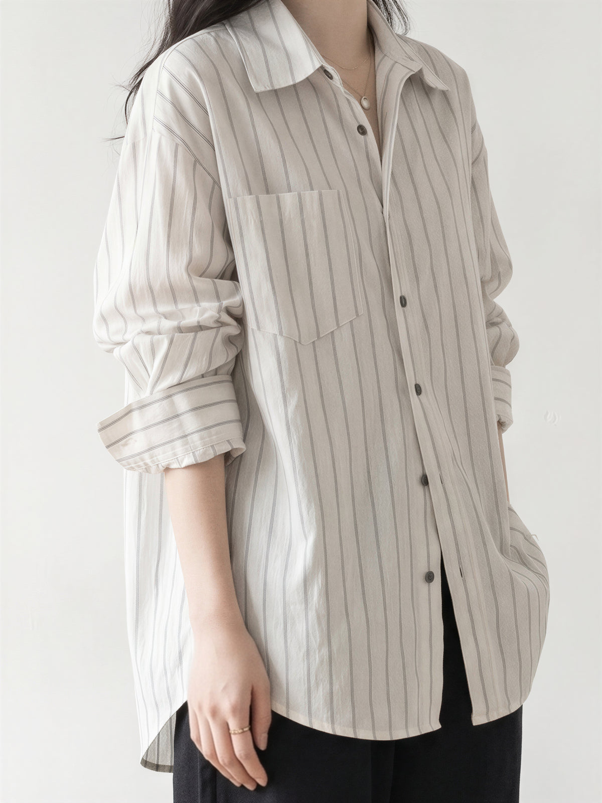 「兩色」「秋季新品 」S-XL 寬鬆條紋拼接口袋襯衫
