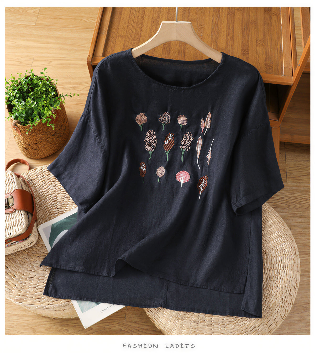 「3色」M-2XL 刺繡圖案 | 寬鬆舒適休閒圓領T恤