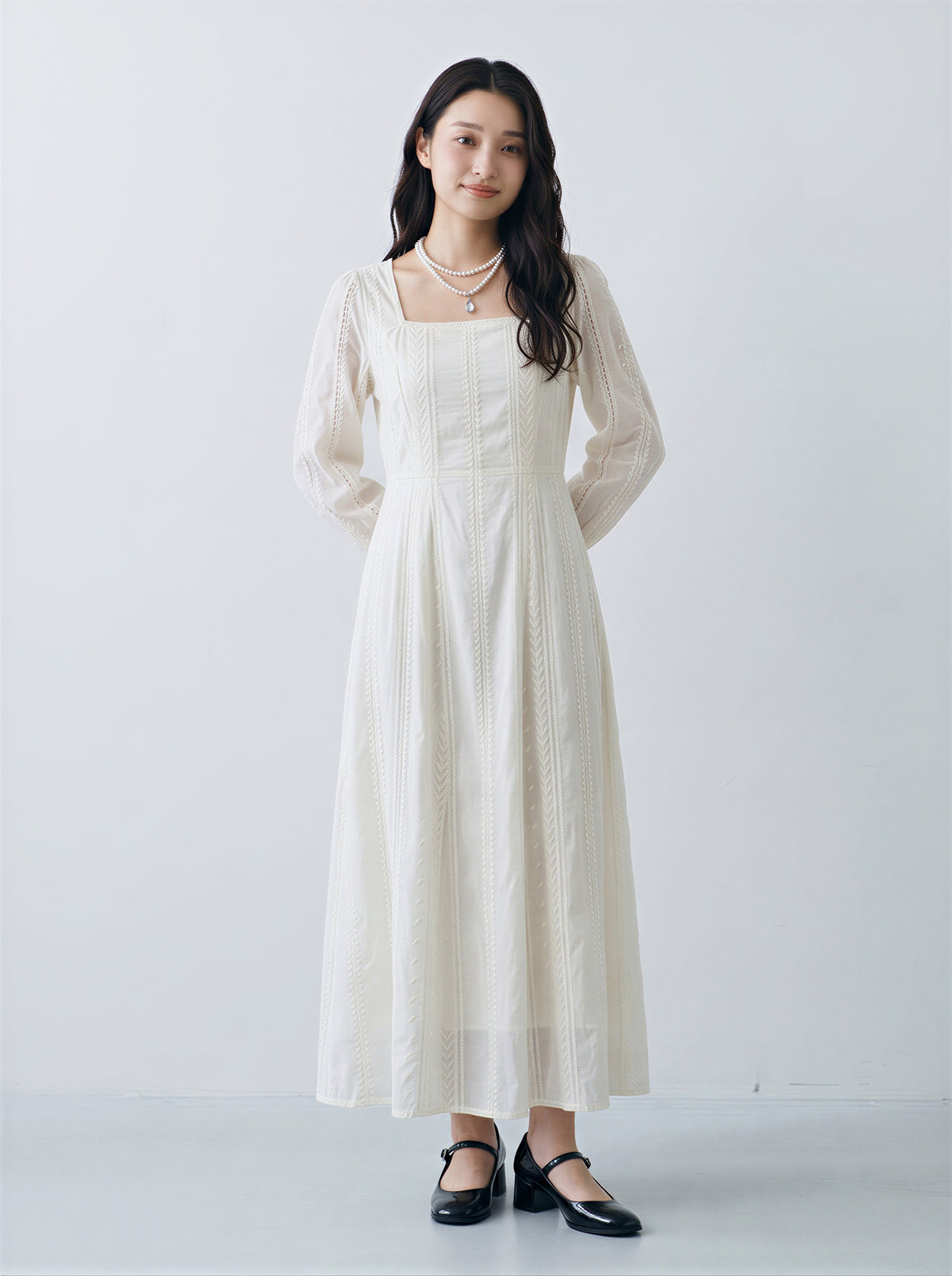 「秋季新品 」S-2XL 白色收腰飄逸蕾絲洋裝