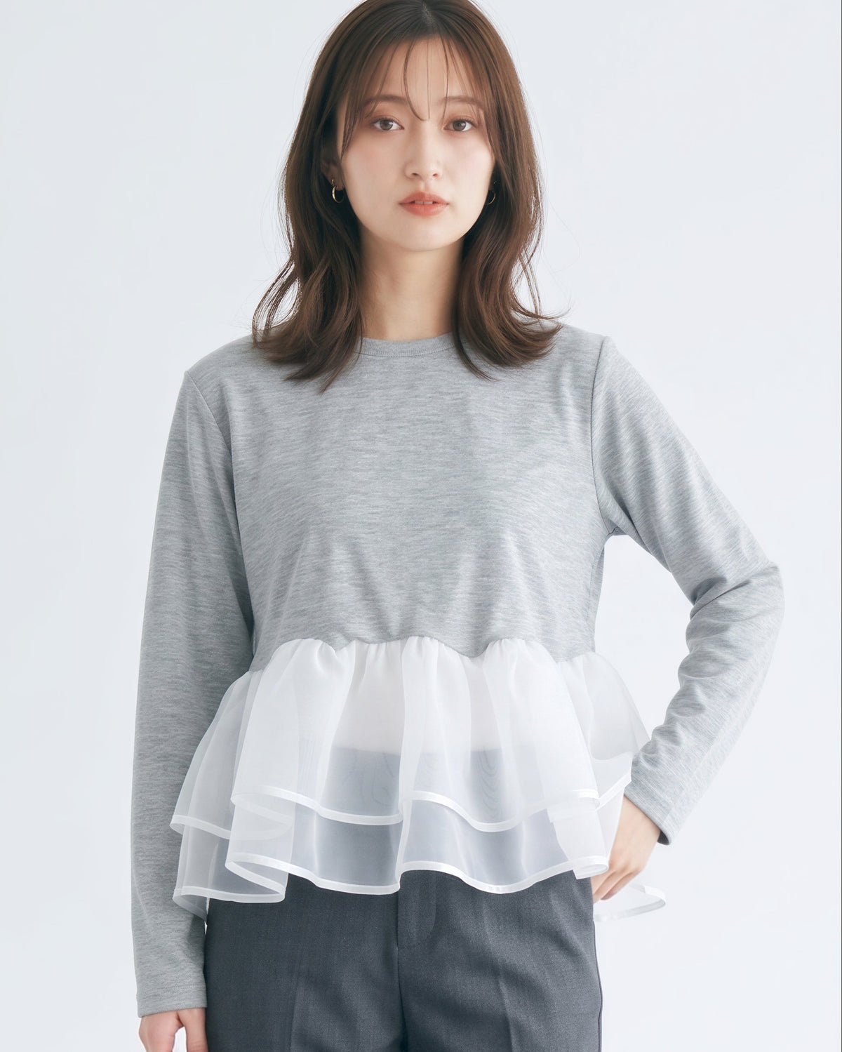 「秋季新品 」「3色」M-L 網紗拼接荷葉下擺假兩件長袖T恤