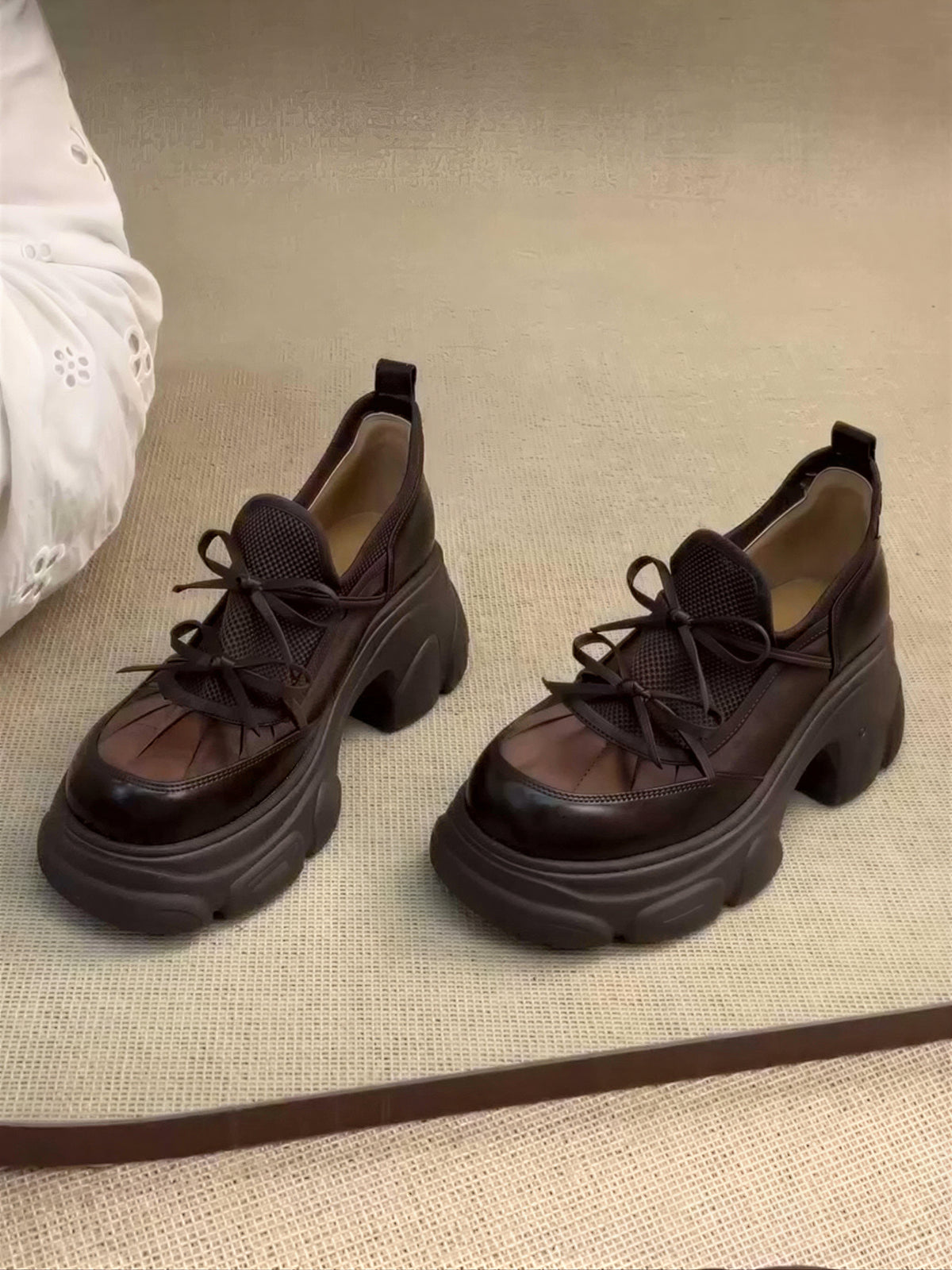 復古拼接 增高厚底繫帶單鞋-棕色-40
