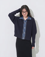 「秋季新品 」 S-2XL 牛仔拼接立領假兩件針織外套