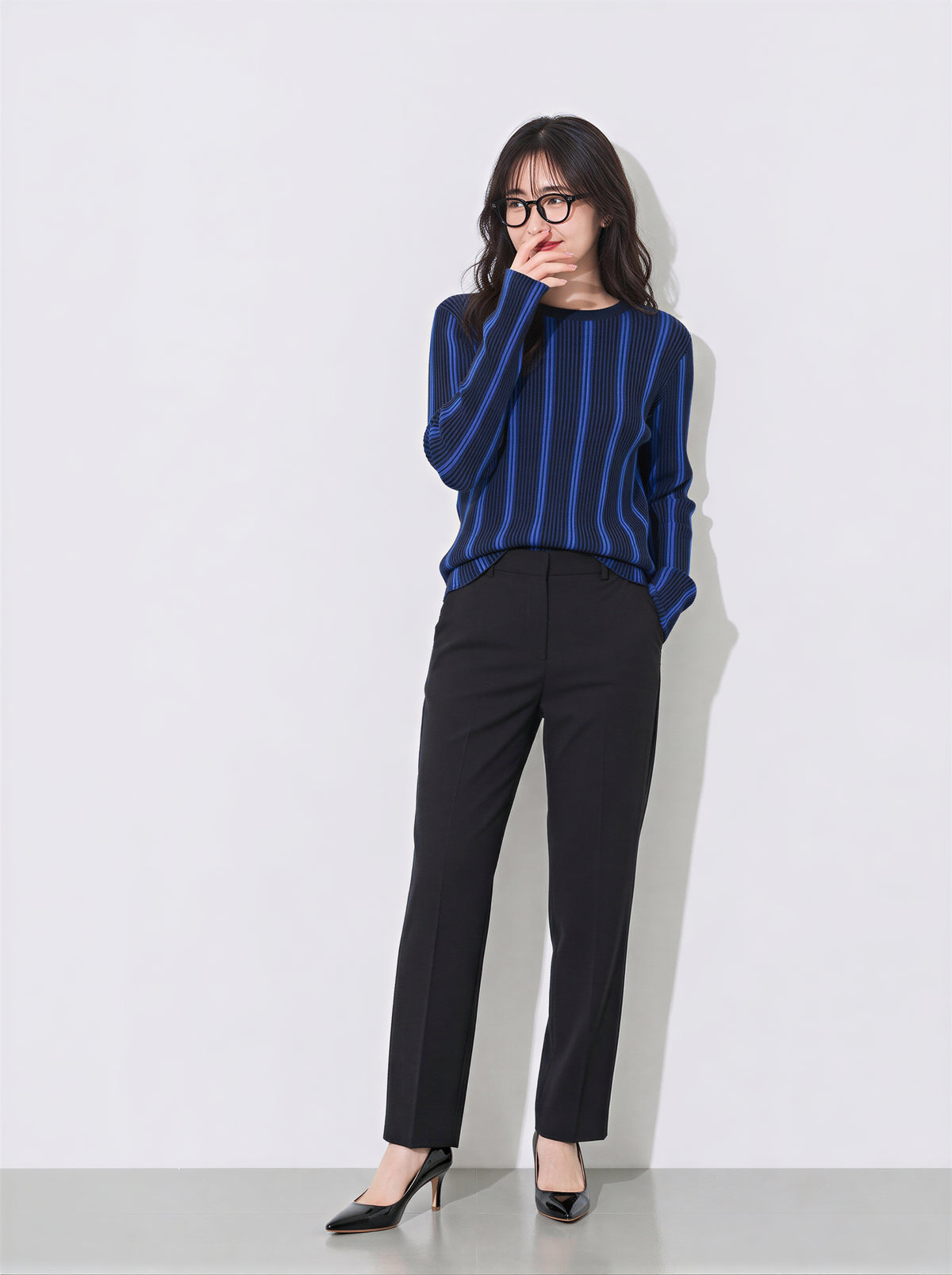 「秋季新品 」S-XL 修身氣質長袖直條紋圓領針織衫