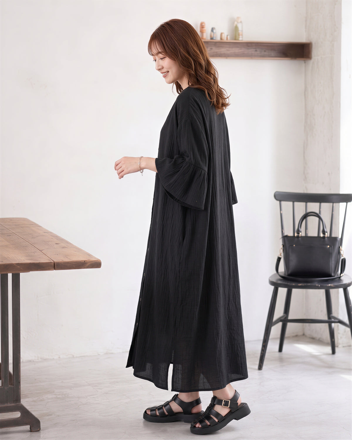 「秋季新品 」M-L 寬鬆廓形荷葉袖襯衫長袖洋裝