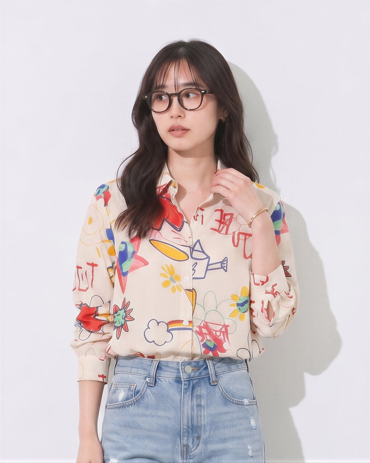 「秋季新品 」S-XL 米色塗鴉印花寬鬆襯衫