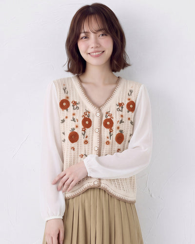 「秋季新品 」花朵刺繡波浪下擺針織衫