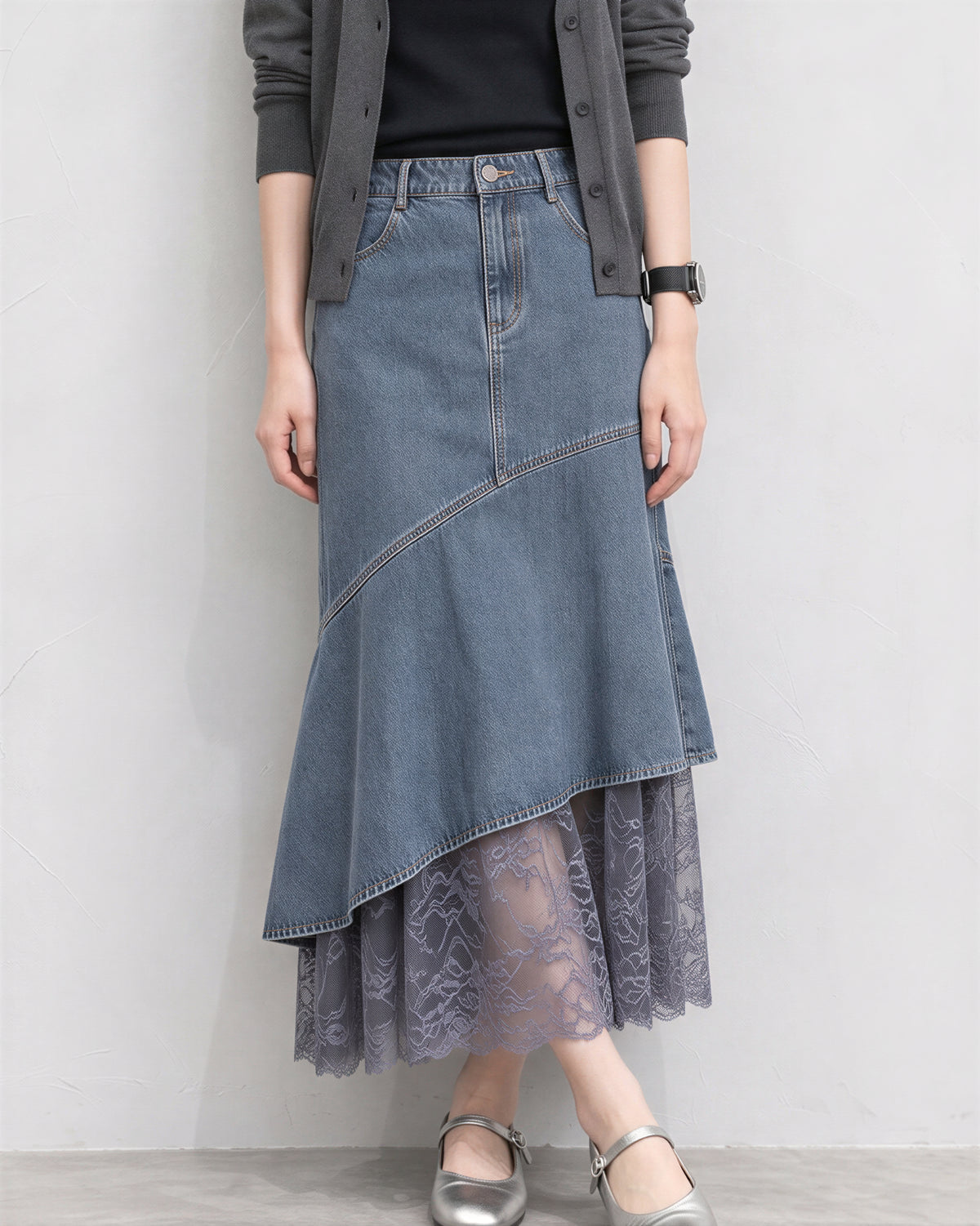 「秋季新品 」拼接蕾絲不規則魚尾牛仔半身裙
