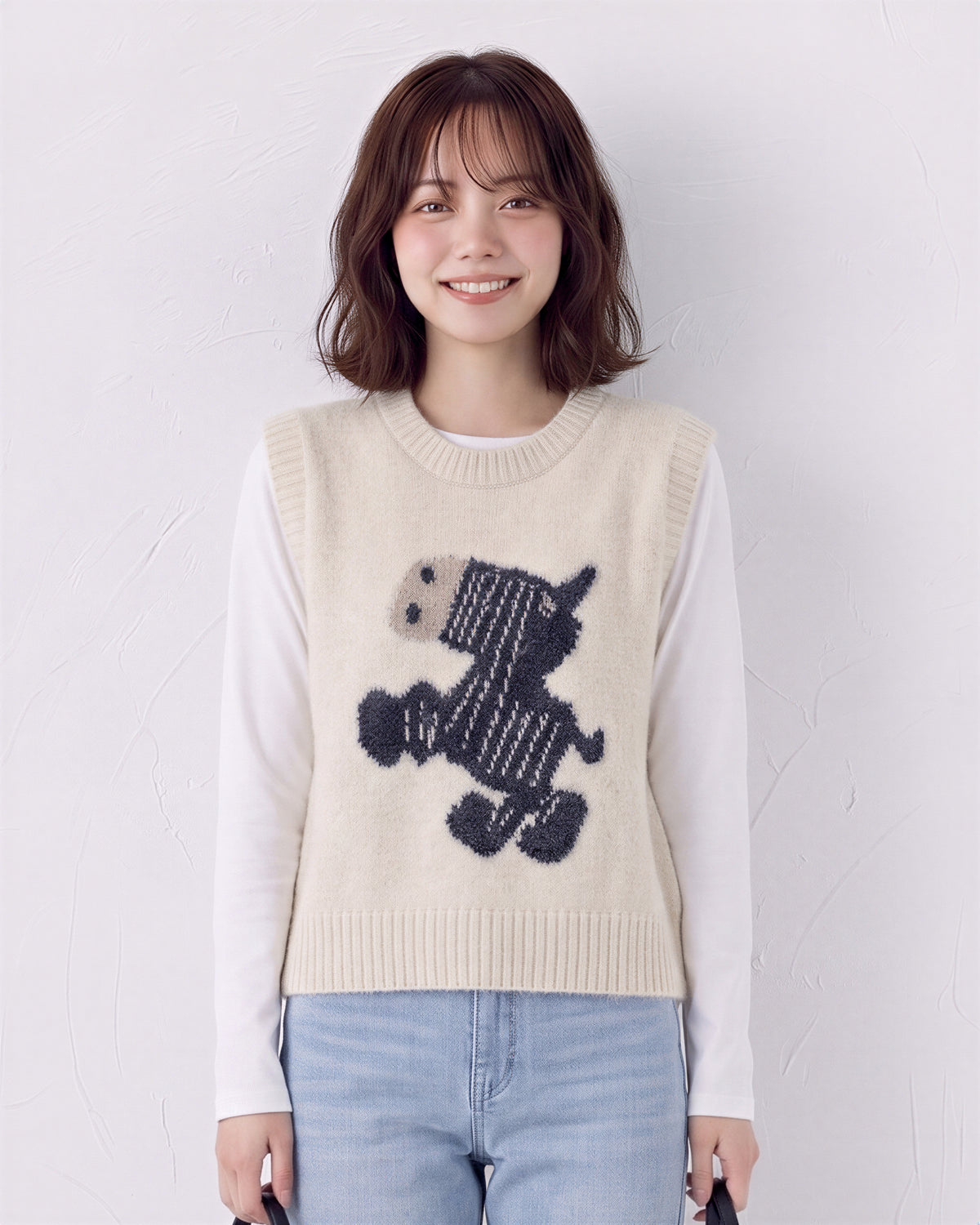 可愛小馬絨感  提花寬鬆針織背心