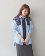 「秋季新品 」L~4XL 拼接條紋印花襯衫
