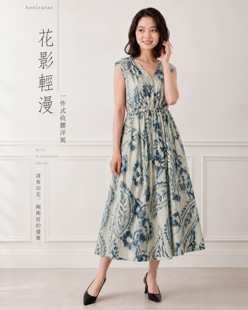 M-2XL 藍色印花舒適休閒 | V領收腰洋裝