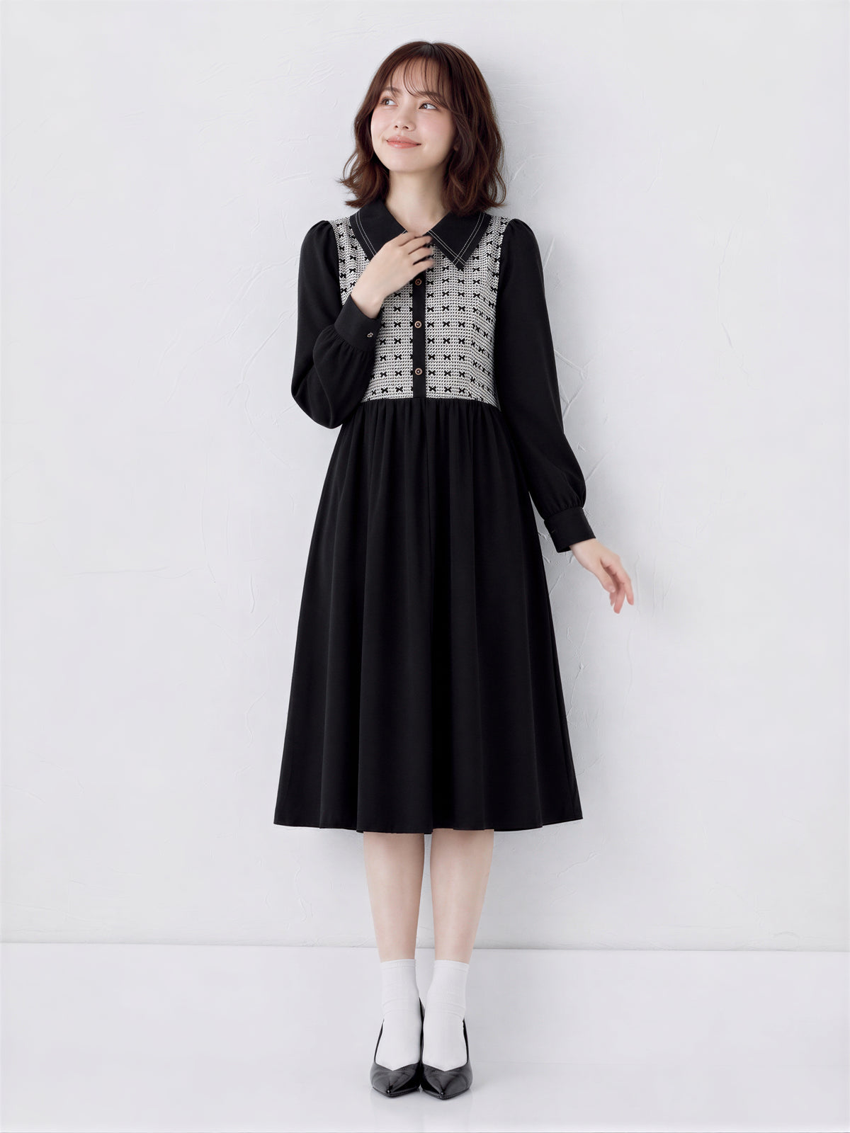 「秋季新品 」S-XL 拼接翻領收腰襯衫長袖洋裝