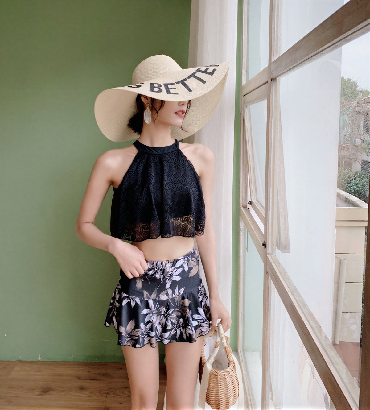 掛脖蕾絲拼接 高腰裙擺分體裙式泳衣-黑色3-XL