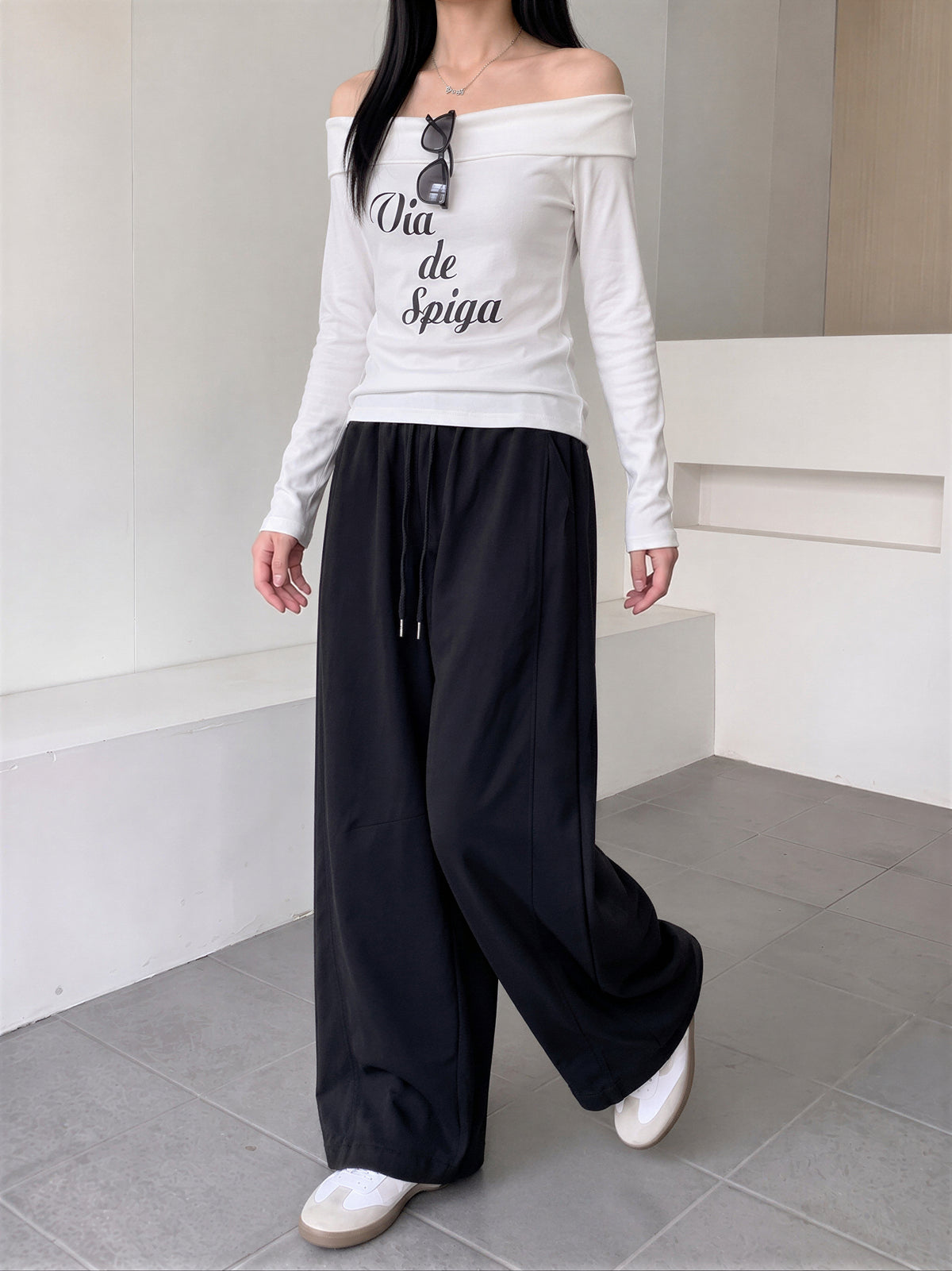 「秋季新品 」「4色」M-XL 高腰抽繩拖地寬褲
