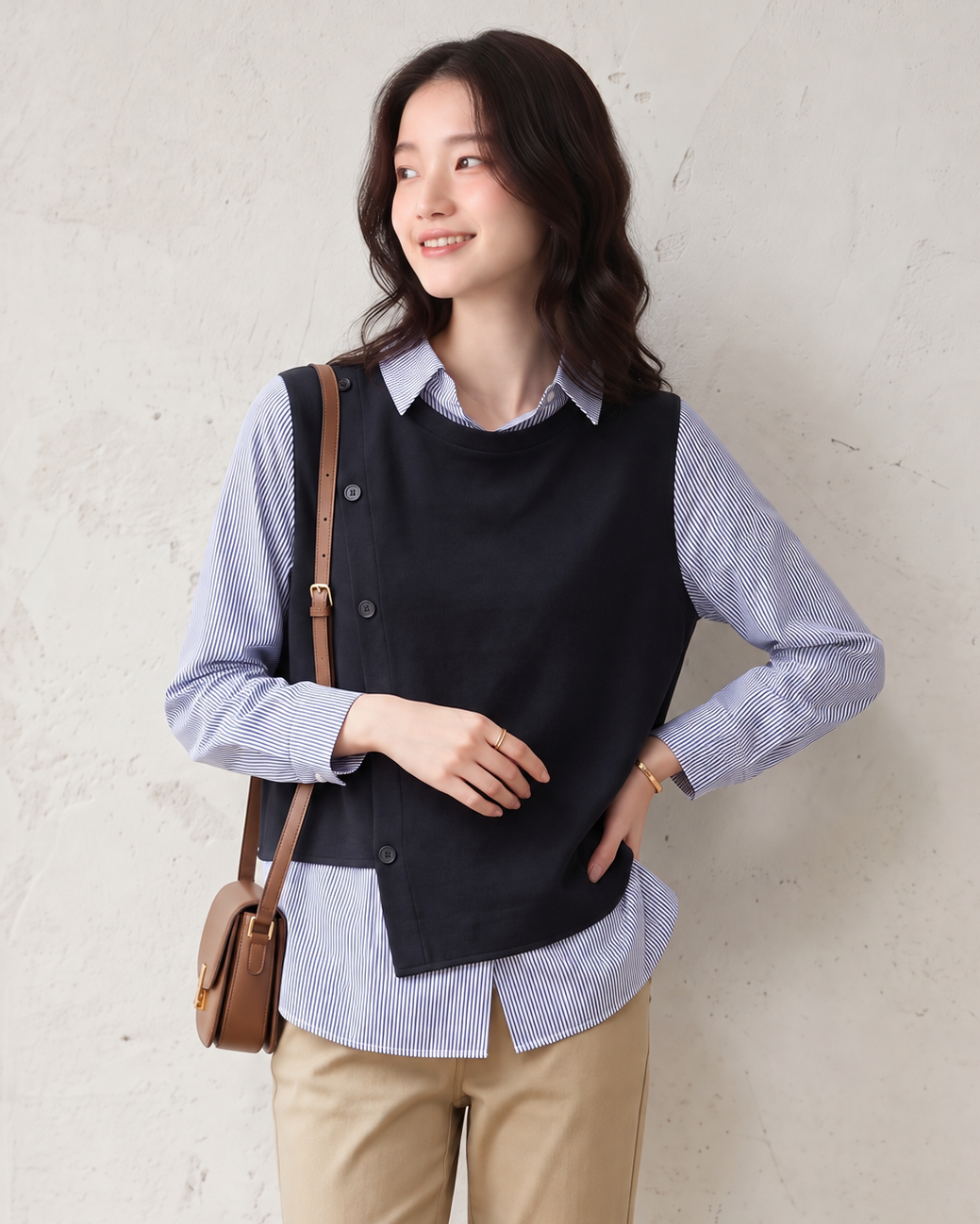 「兩色」「秋季新品 」M-2XL 條紋拼接錯位下擺假兩件襯衫