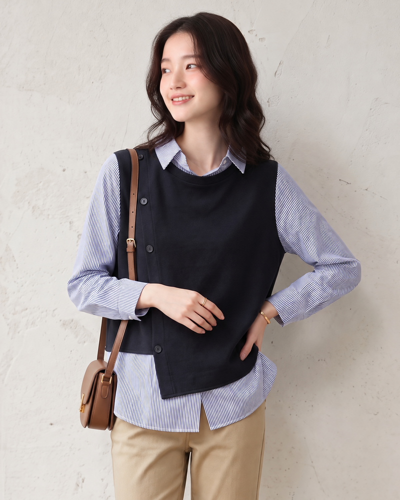 「兩色」「秋季新品 」M-2XL 條紋拼接錯位下擺假兩件襯衫