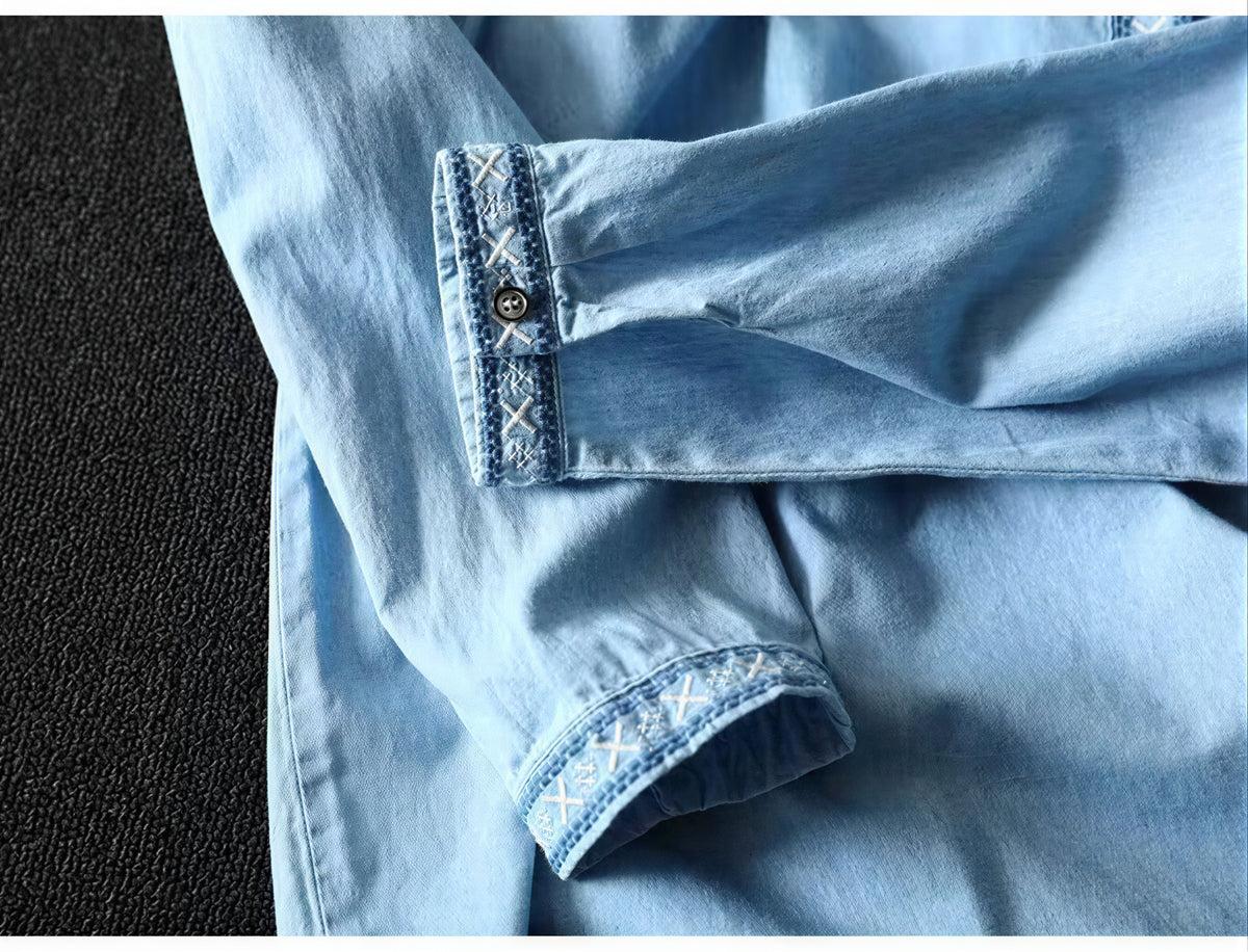 「秋季新品 」 M-2XL 刺繡立領寬鬆襯衫