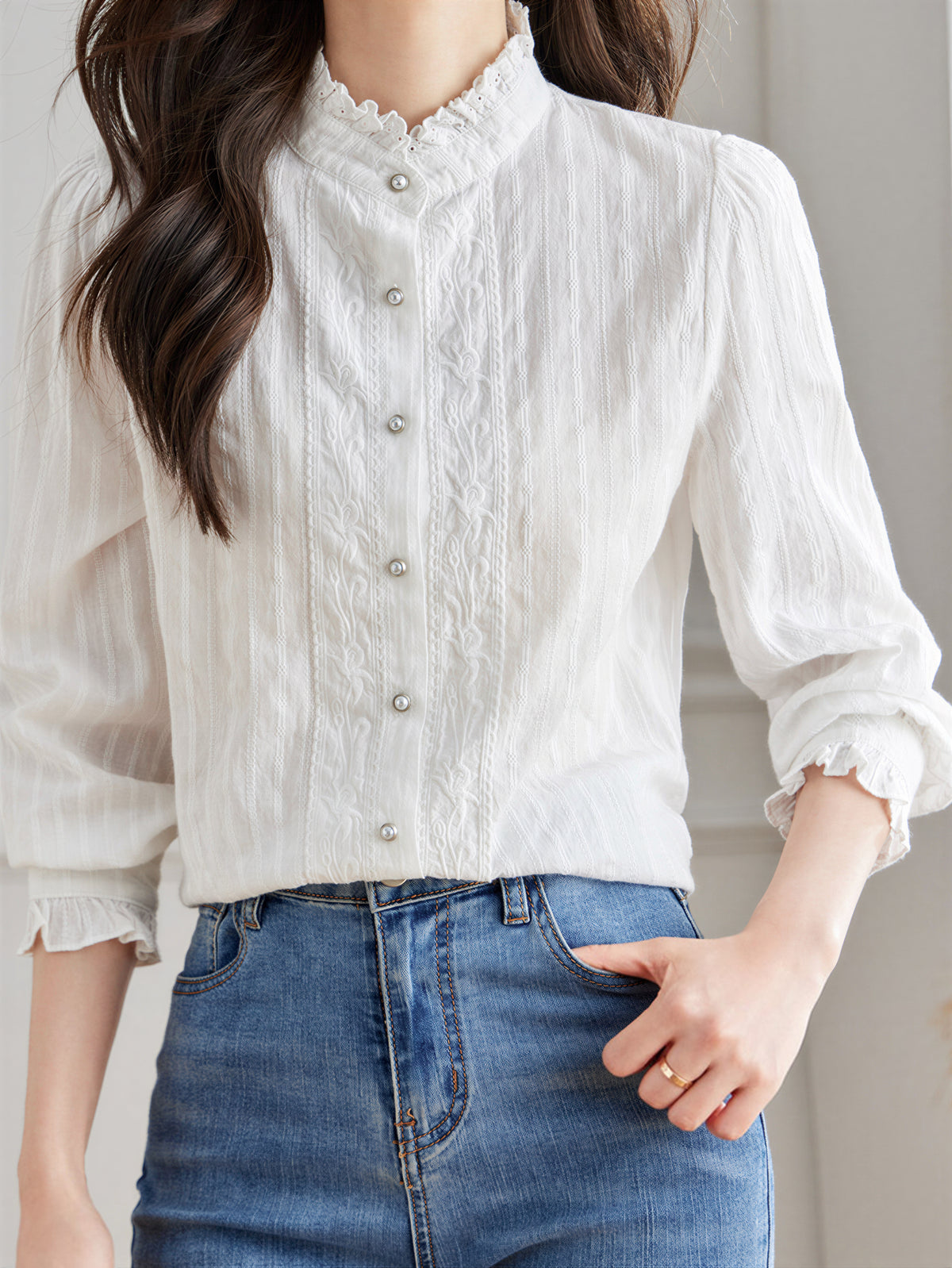 「兩色」「秋季新品 」S-2XL 品質全棉甄選 | 木耳邊立領壓褶襯衫