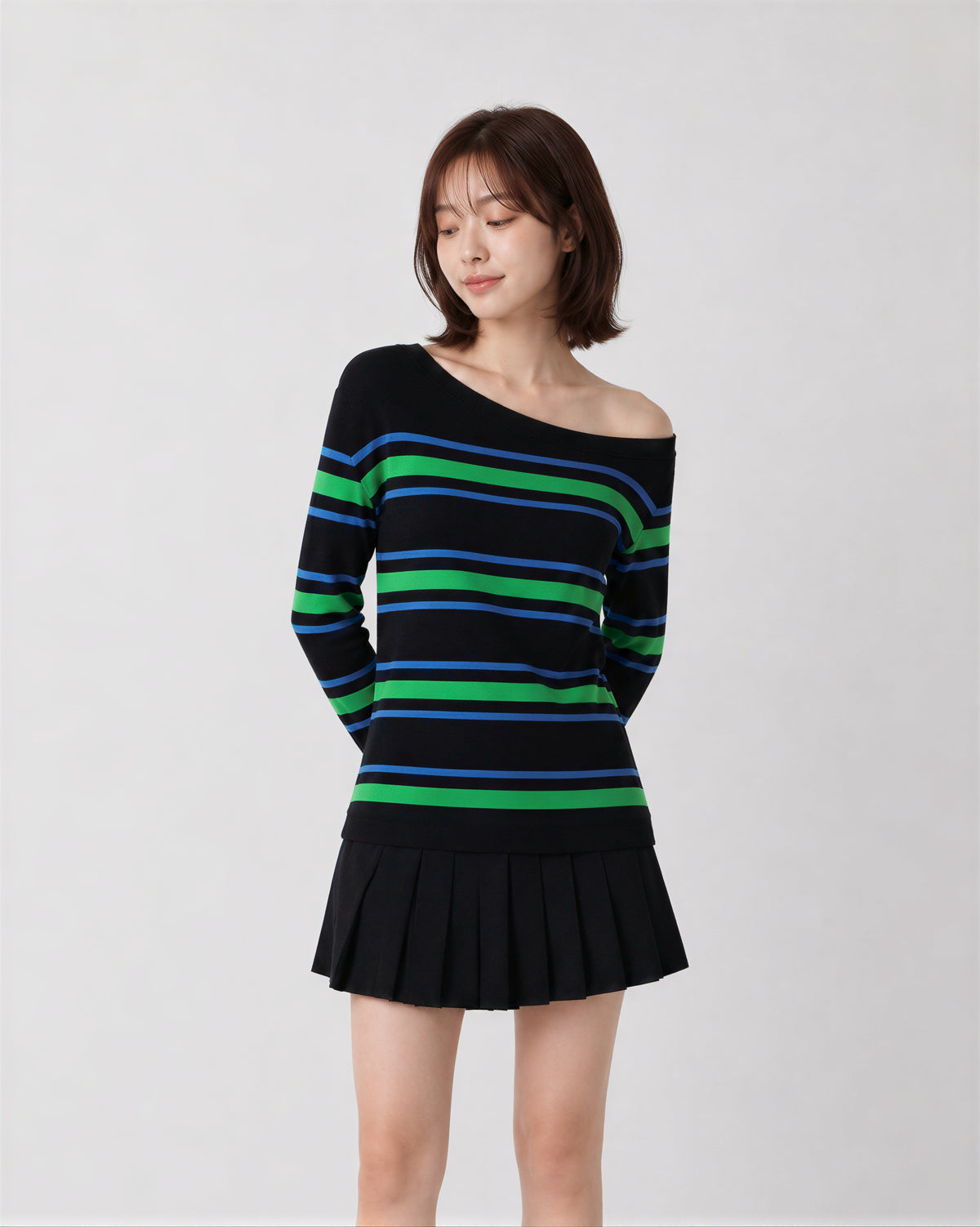 S-XL 露肩條紋修身長袖T恤