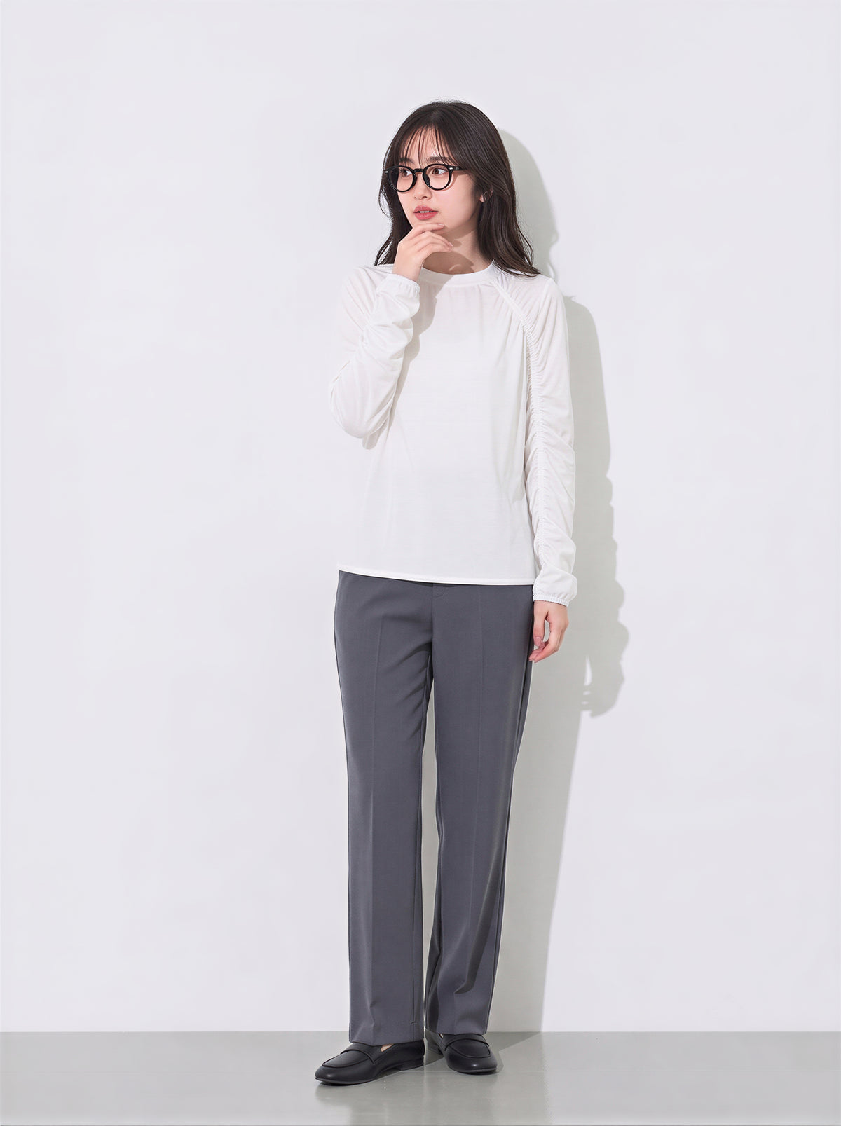 「秋季新品 」「兩色」S-XL 抽皺拼線寬鬆長袖T恤
