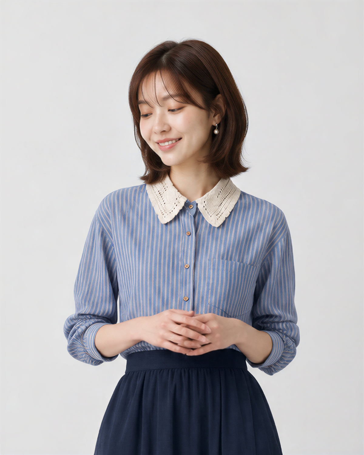 「秋季新品 」蕾絲翻領條紋襯衫