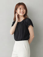 S-2XL 黑色木耳邊抓皺短袖上衣