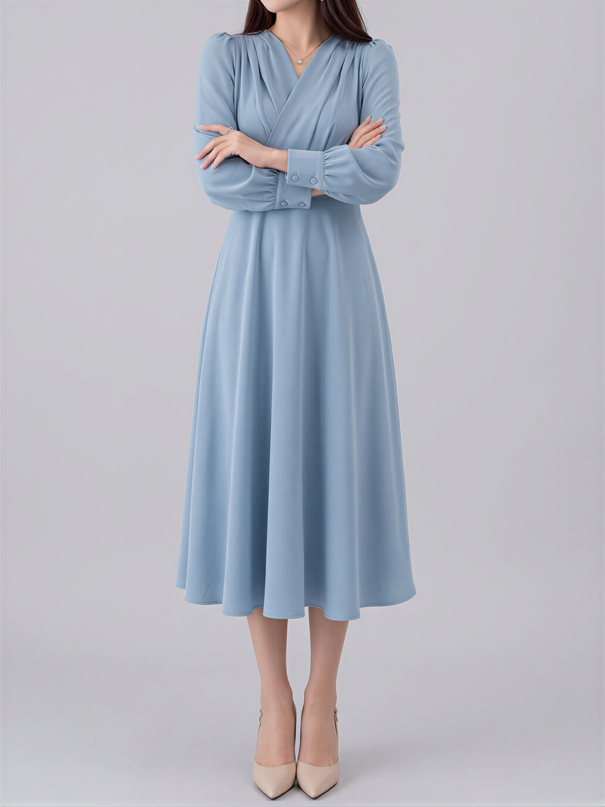 「3色」「秋季新品 」S-XL V領褶襉高腰長袖洋裝